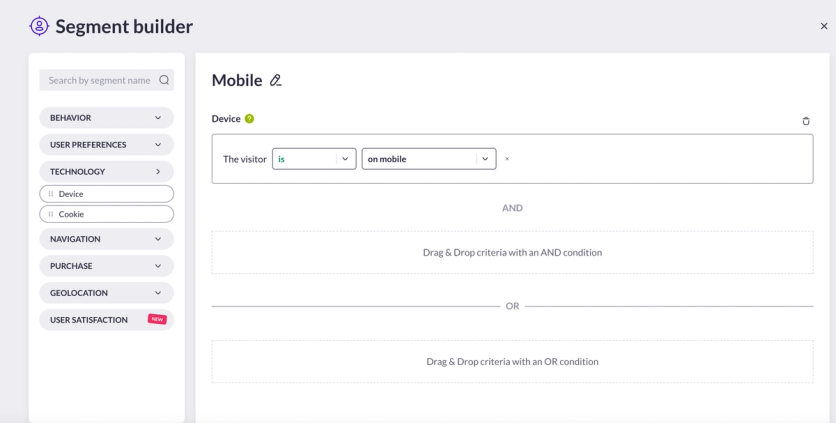 AB Tasty segment builder targeting mobile visitors with drag-and-drop criteria