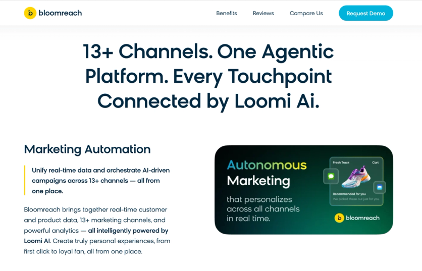 Bloomreach homepage — 13+ channels connected by Loomi AI marketing automation