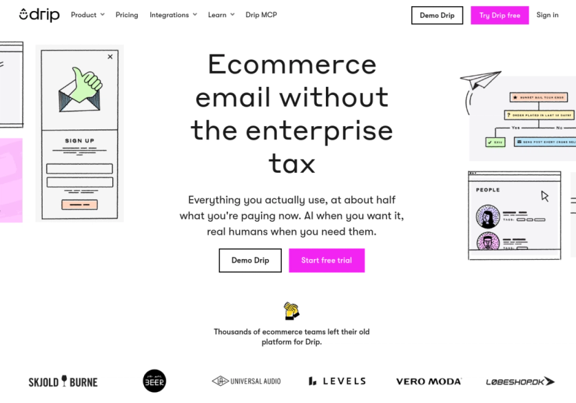Drip homepage with the headline Ecommerce email without the enterprise tax
