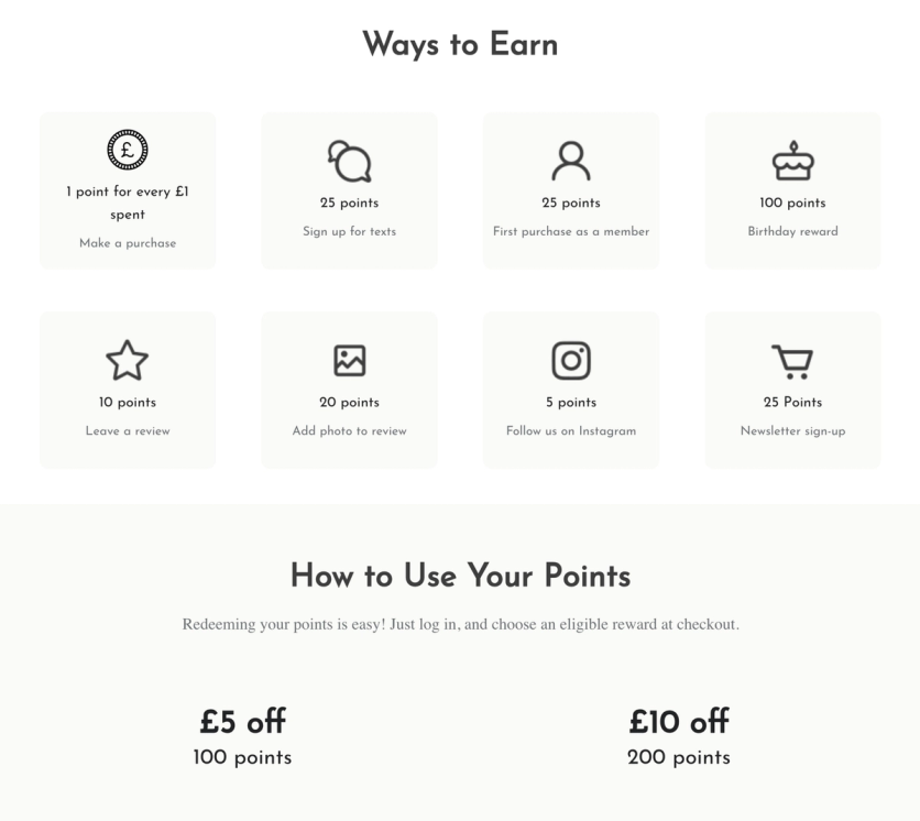 Jewellerybox rewards page: ways to earn points, from purchases and reviews to birthdays, and two rewards to redeem, £5 off for 100 points and £10 off for 200 points
