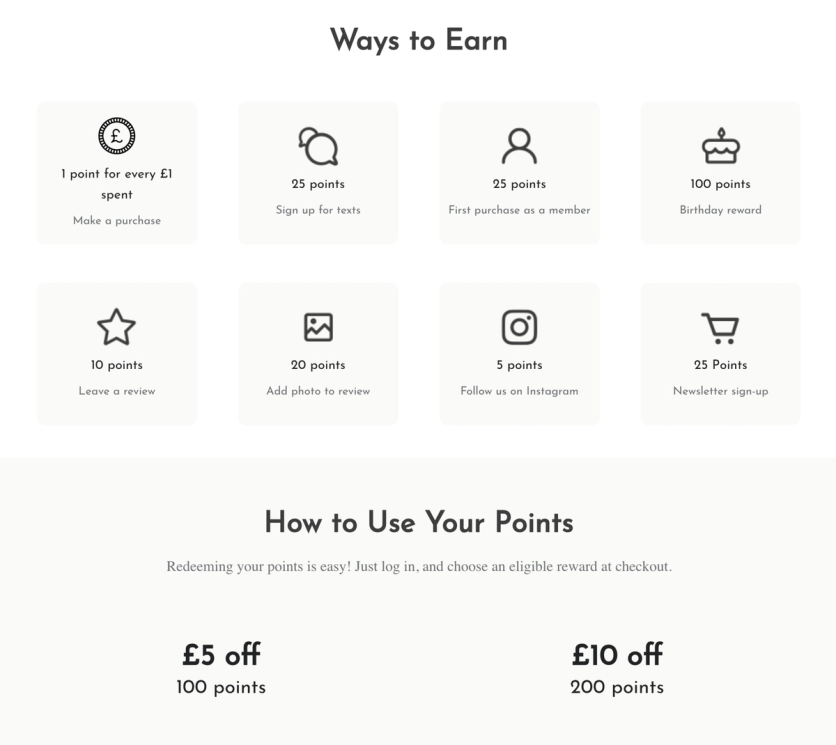 Jewellerybox rewards page: ways to earn points, from purchases and reviews to birthdays, and two rewards to redeem, £5 off for 100 points and £10 off for 200 points