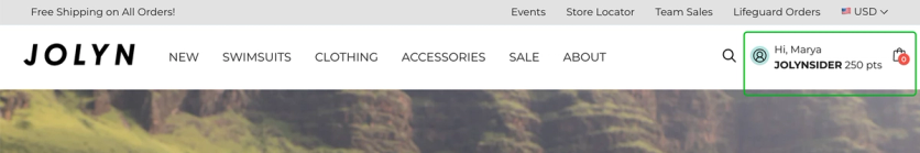 JOLYN loyalty point balance in the site header