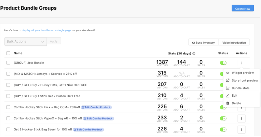 Bold Upsell product bundle groups with 30-day visitor, add-to-cart, and sales stats