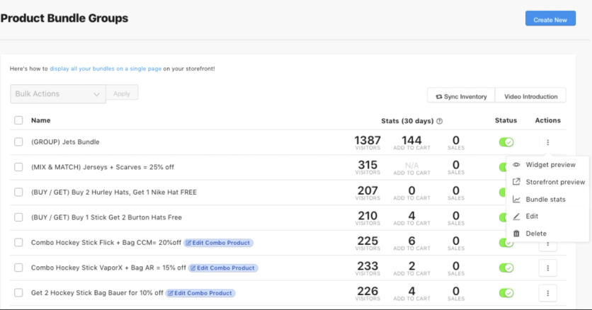 Bold Upsell product bundle groups with 30-day visitor, add-to-cart, and sales stats