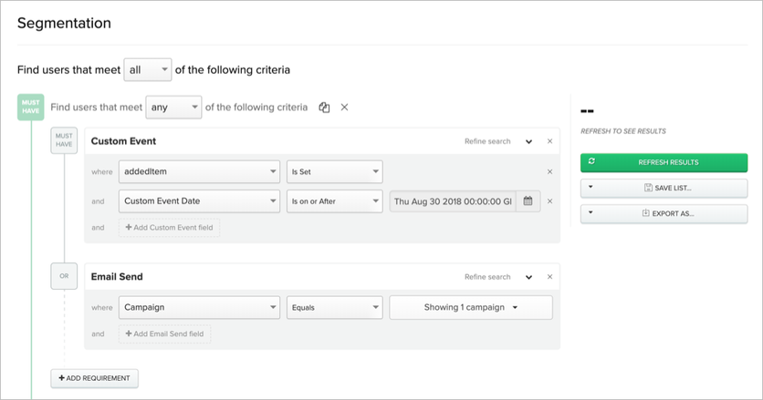 Iterable segmentation builder combining custom events and email send criteria