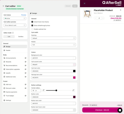 AfterSell cart editor with design settings and a live cart preview