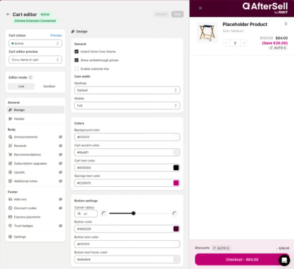 AfterSell cart editor with design settings and a live cart preview