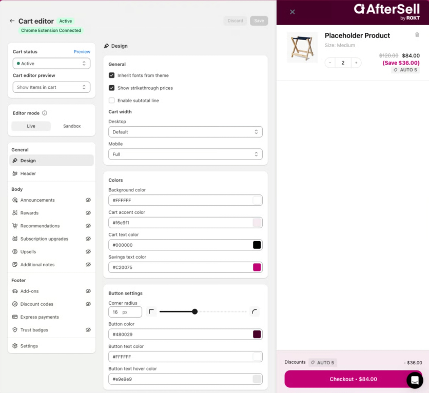 AfterSell cart editor with design settings and a live cart preview