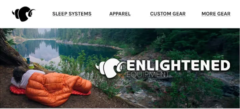 Enlightened Equipment's email header — a logo plus a navigation menu that lets subscribers jump straight to a catalog category