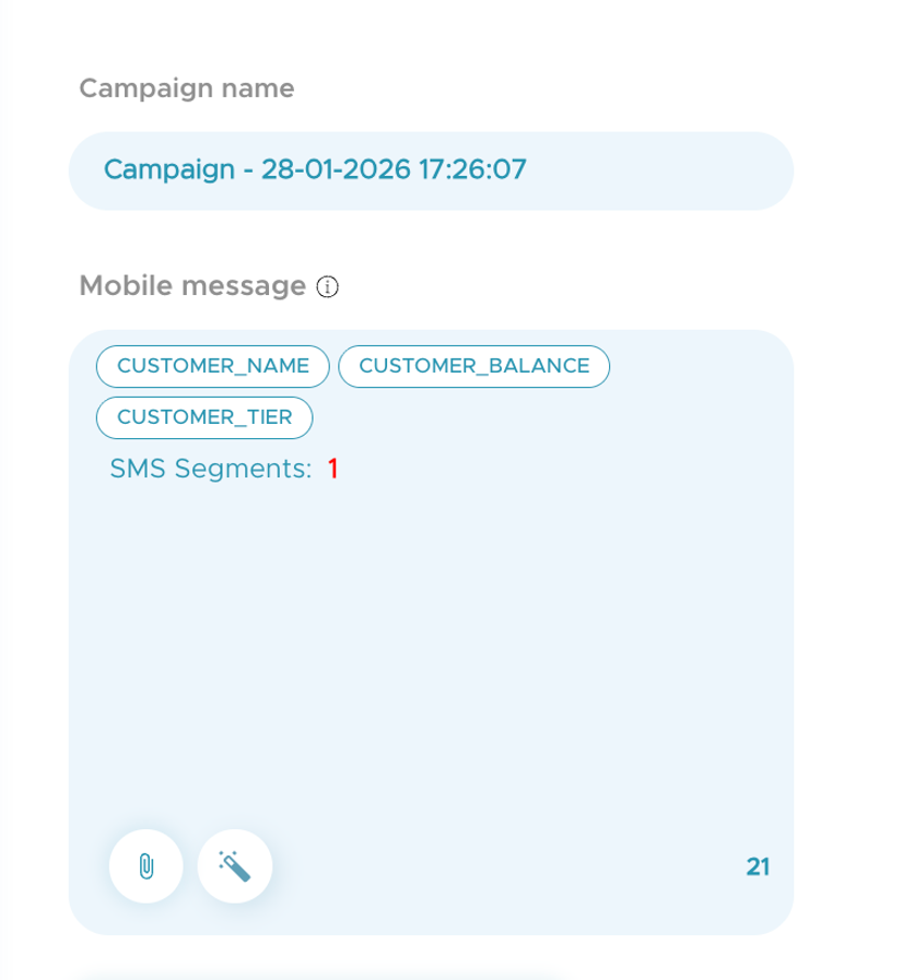 Kangaroo SMS editor with customer name, points balance, and tier variables