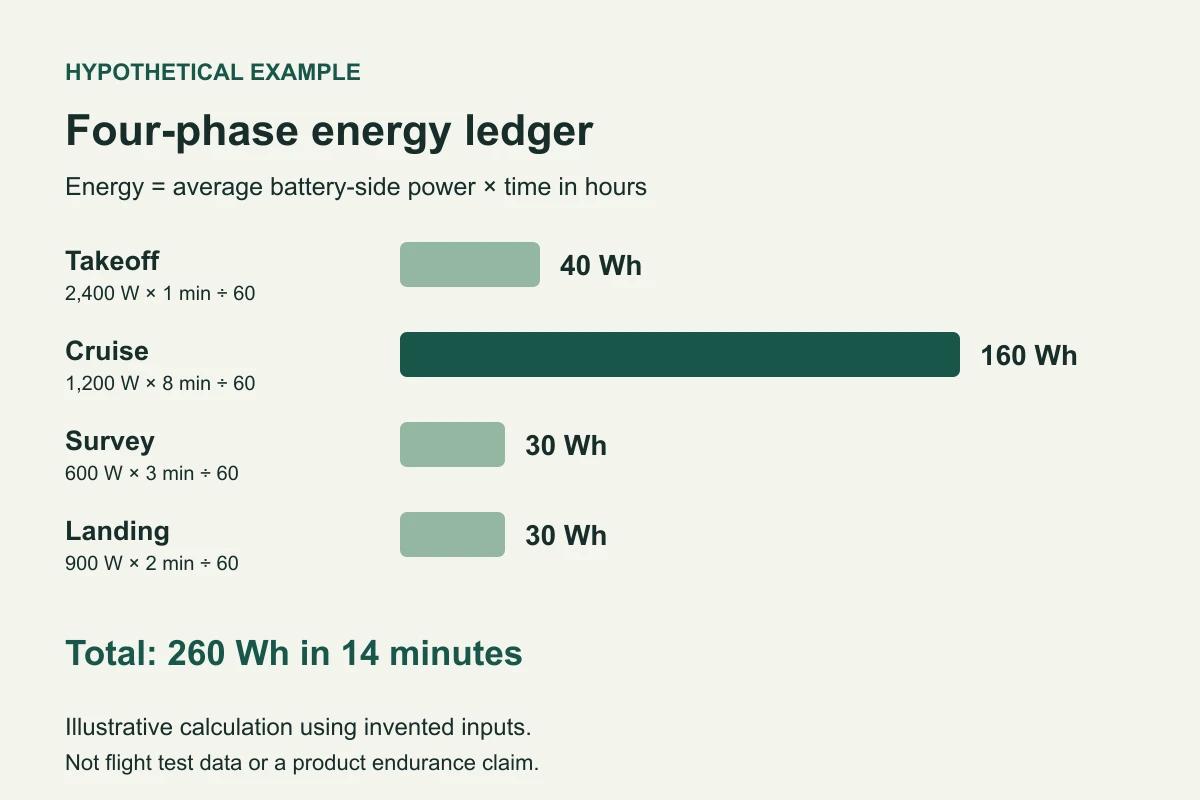 Hypothetical four-phase energy chart with takeoff 40 Wh, cruise 160 Wh, survey 30 Wh and landing 30 Wh