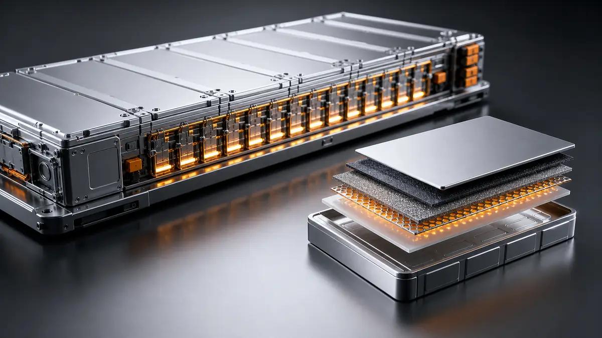Solid-state battery pack image with layered cell structure for an EV battery technology comparison article