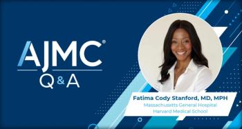 Headshot of Fatima Cody Stanford, MD, on branded AJMC Q&A background