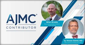 Headshots of Brian Brooks and Sy Atezaz Saeed, MD, MS, FACPsych, on AJMC branded Contributor background