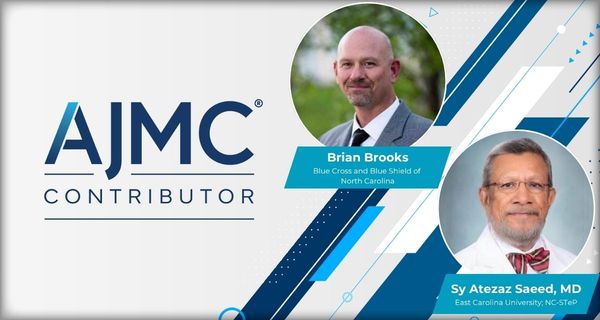 Headshots of Brian Brooks and Sy Atezaz Saeed, MD, MS, FACPsych, on AJMC branded Contributor background