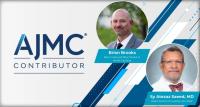 Headshots of Brian Brooks and Sy Atezaz Saeed, MD, MS, FACPsych, on AJMC branded Contributor background