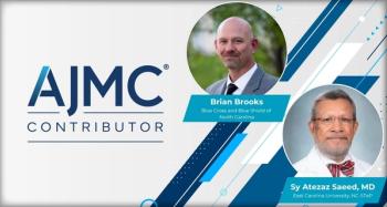 Headshots of Brian Brooks and Sy Atezaz Saeed, MD, MS, FACPsych, on AJMC branded Contributor background