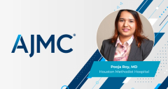 Headshot of Pooja Roy, MD, on AJMC branded background