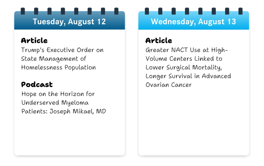 A list of upcoming articles on AJMC.com for the week of August 11, 2025.