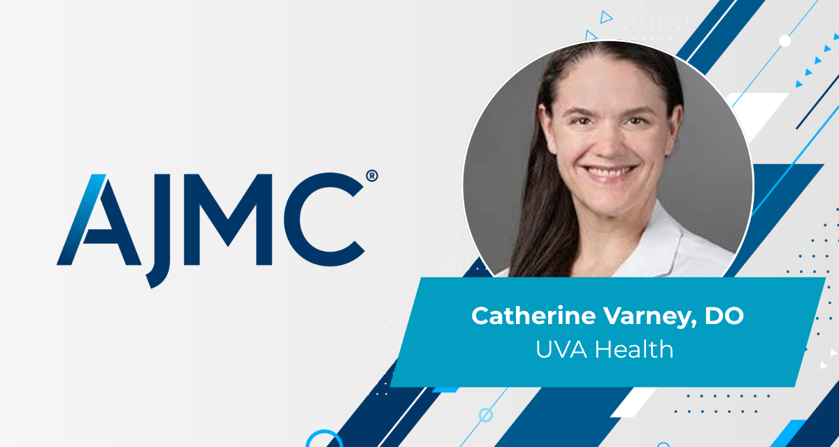 Headshot of Catherine Varney, DO, on AJMC branded background