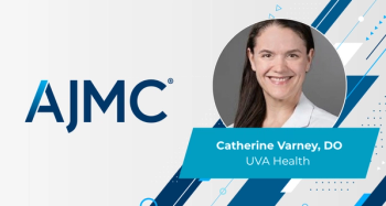 Headshot of Catherine Varney, DO, on AJMC branded background