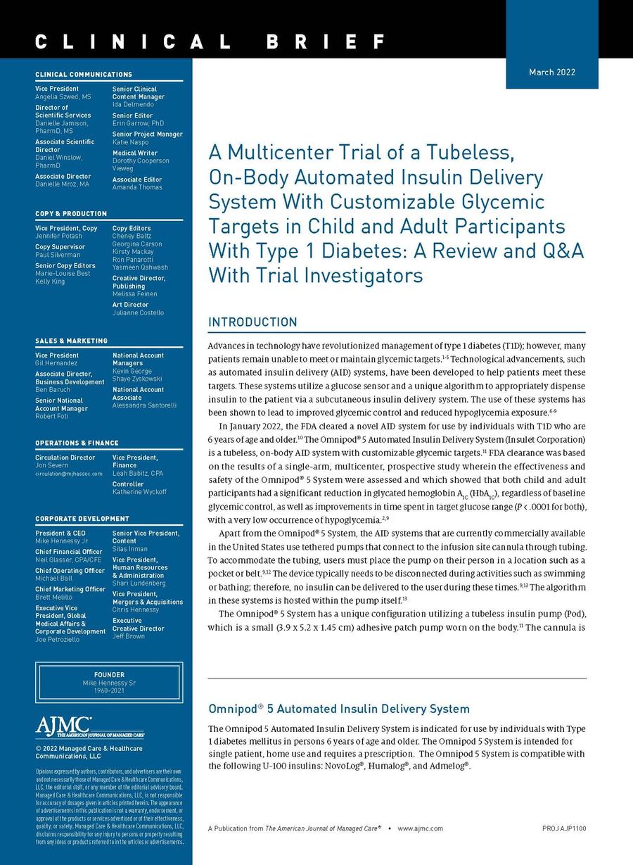 Image of clinical brief about a tubeless, on-body automated insulin delivery system with customizable glycemic targets in child and adult participants with type 1 diabetes
