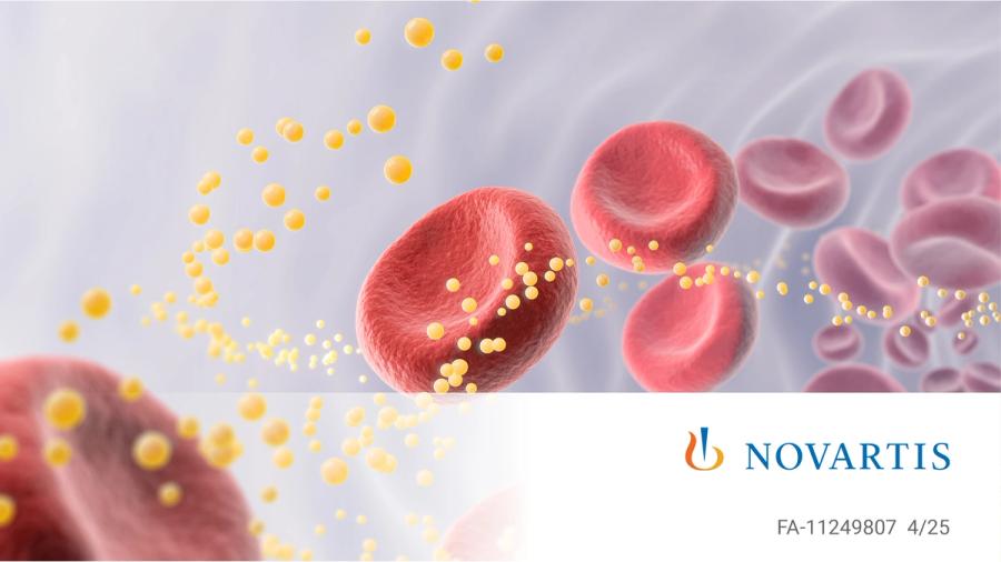 Illustration of red blood cells flowing through a blood vessel surrounded by yellow lipid particles, representing lipoprotein(a), with Novartis logo and reference code FA-11249807 in the corner.