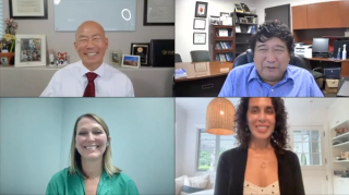 Screenshot of a webinar panel discussion with Viet Le, PA-C; Nathan Wong, PhD, MPH; Alison Bailey, MD; and Martha Gulati, MD, MS