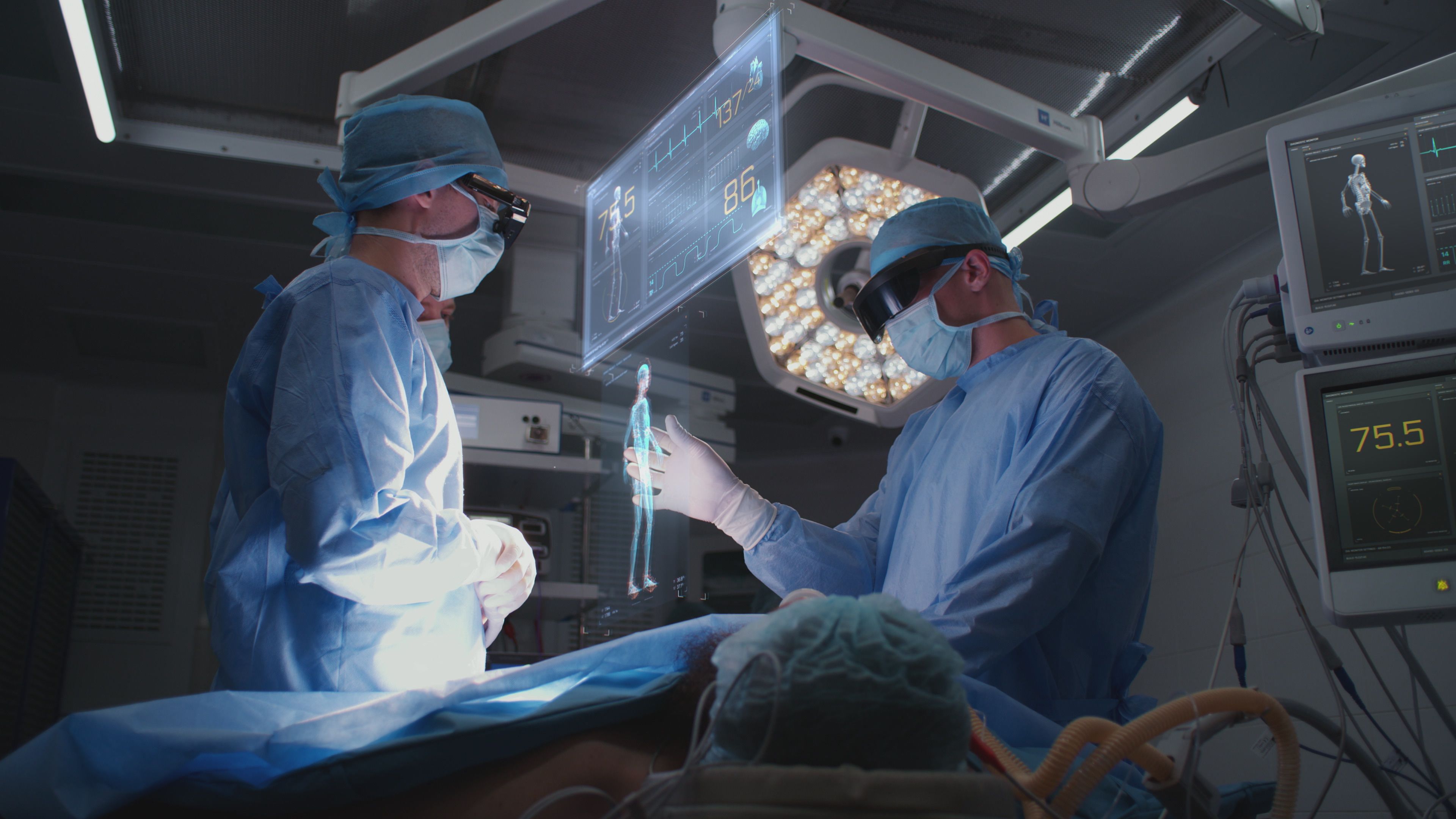 Doctors performing surgery with AI graphics | Image credit: Framestock – stock.adobe.com