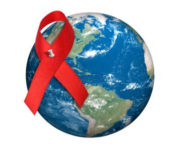 Red HIV ribbon on globe