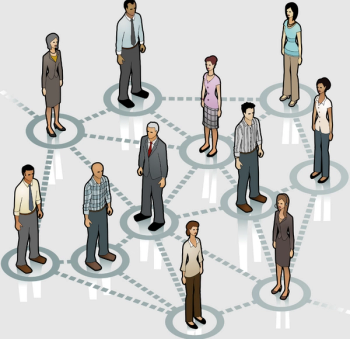 group of animated people connected by lines