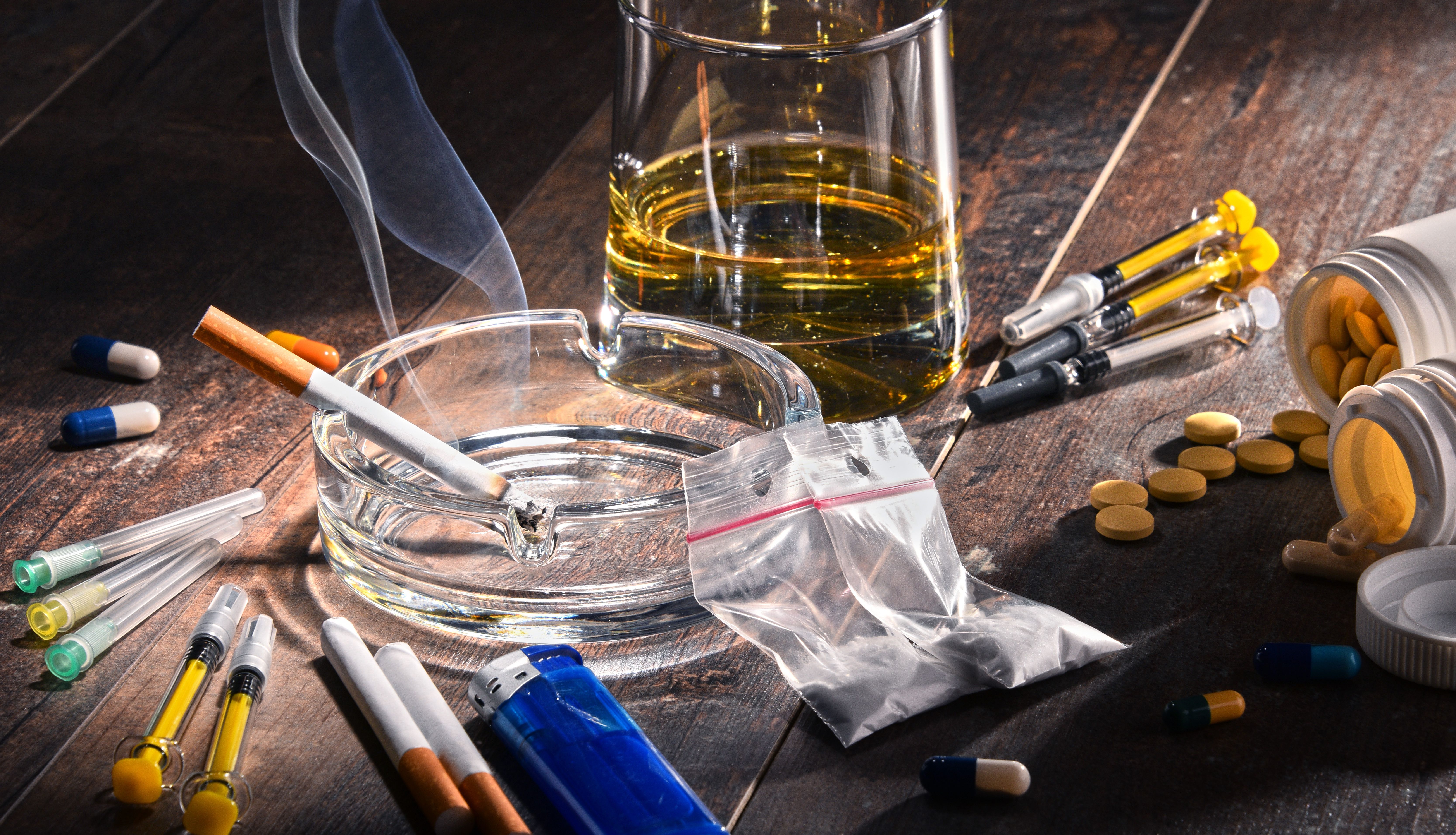 Addictive substances, including alcohol, cigarettes and drugs | Image Credit: monticellllo - stock.adobe.com