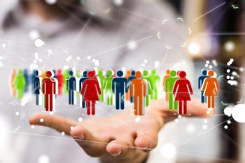 person holding out hand underneath a graphic of several male/female symbols