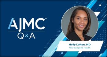 Headshot of Holly Lofton, on AJMC branded Q&A background