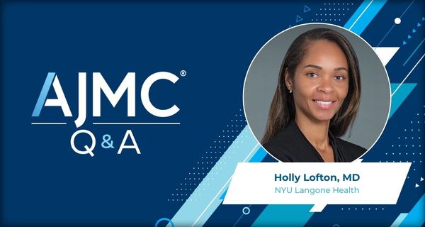 Headshot of Holly Lofton, on AJMC branded Q&A background