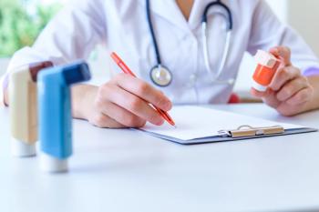 Doctor writes medical prescription for asthma inhaler to asthmatic patient during medical consultation and examination in hospital | Goffkein - stock.adobe.com