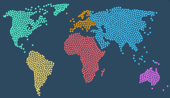 World map with continents represented by different color dots