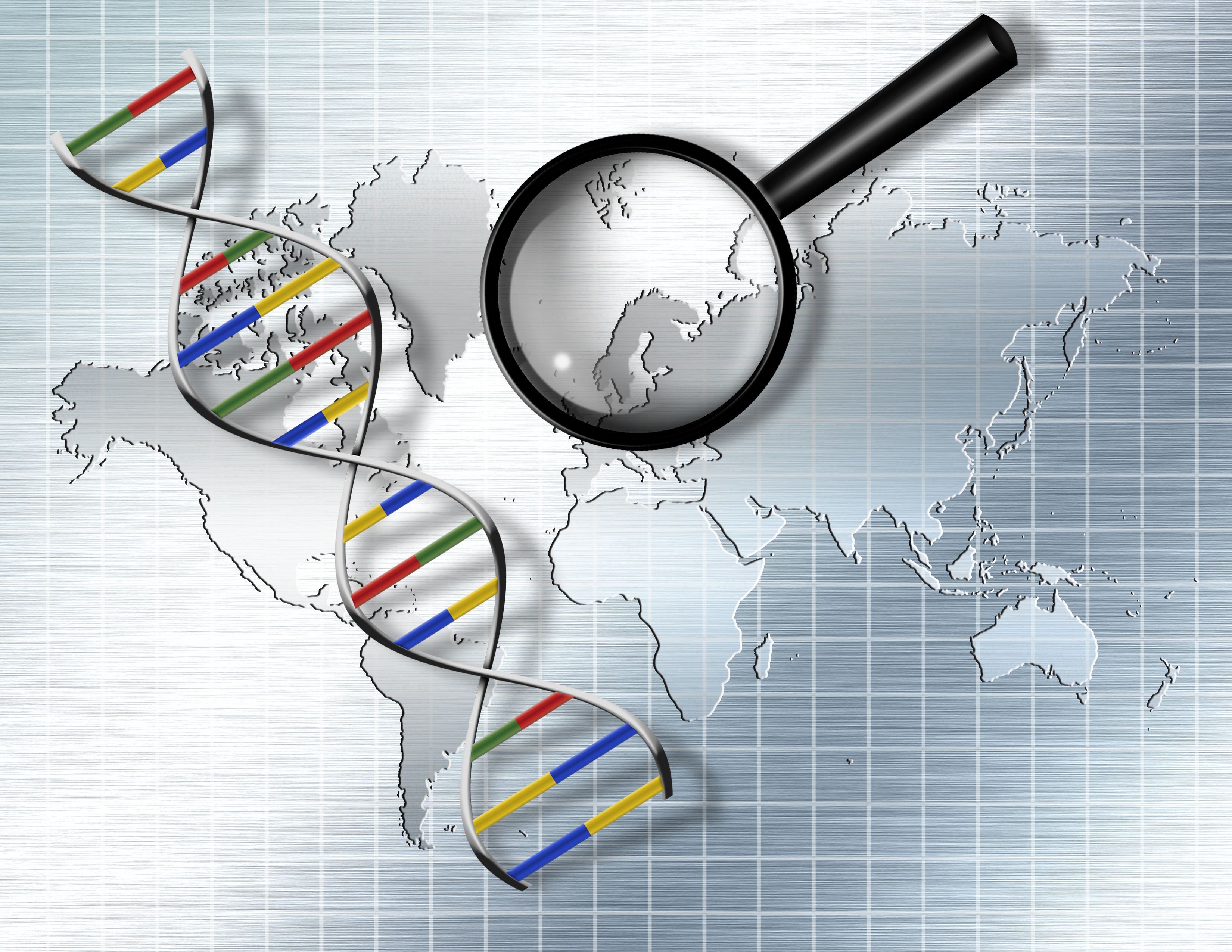 model of DNA and a magnifying glass laid on top of a world map