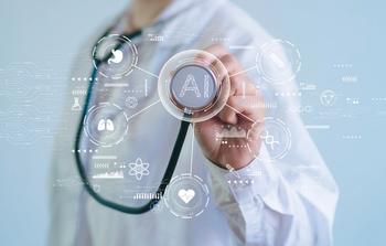 Doctor holding stethoscope with AI graphic around it | Image credit: MrPanya – stock.adobe.com