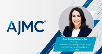 Dee Chaudhary headshot on an AJMC branded template