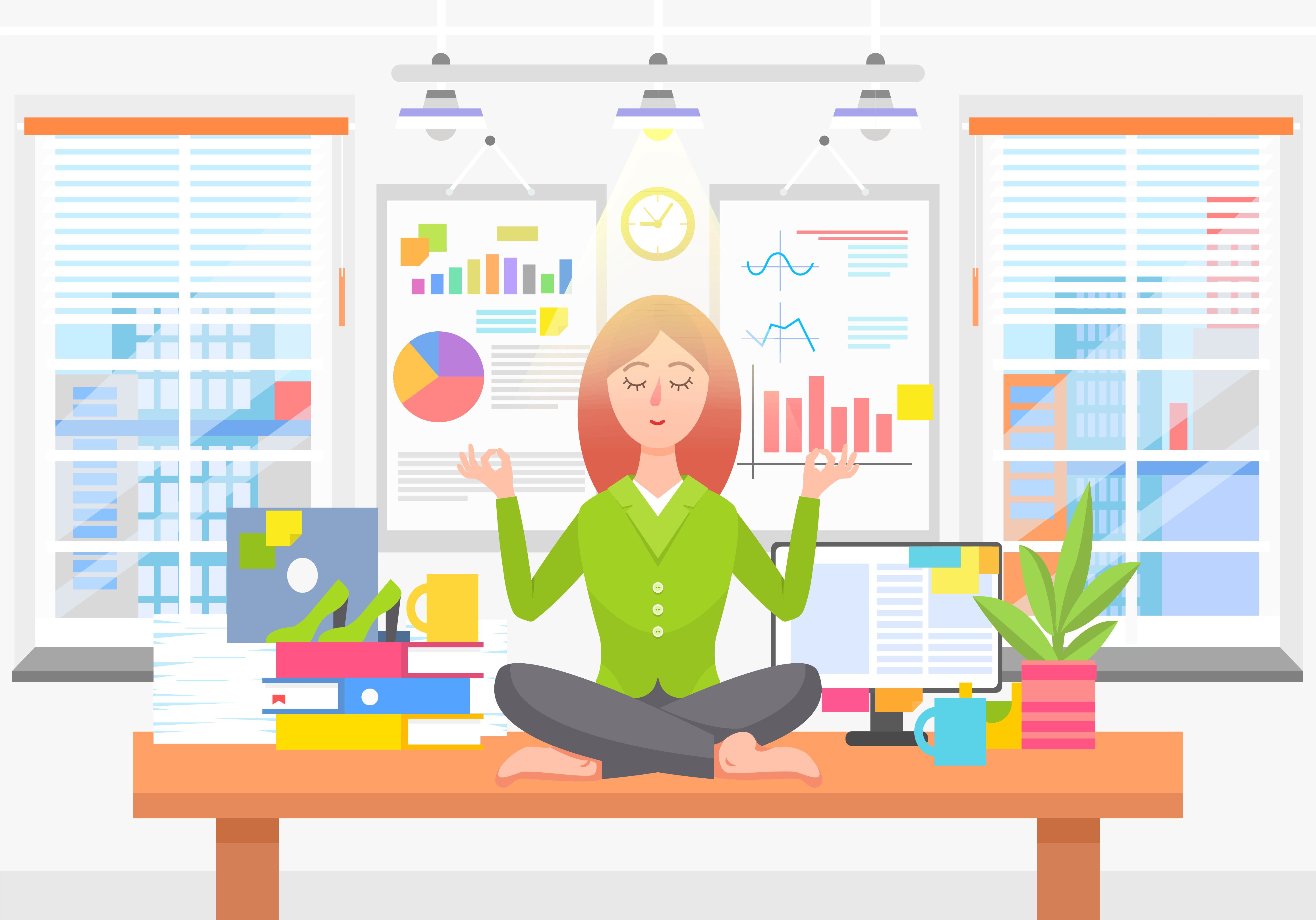 Woman Meditates on Work Place in Business Office - robu_s - stock.adobe.com