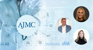 AJMC background with headshots for Joe DePinto, MBA; Kathi Henson, MBA; and Natalie Bedford | Background image credit: ipopba - stock.adobe.com