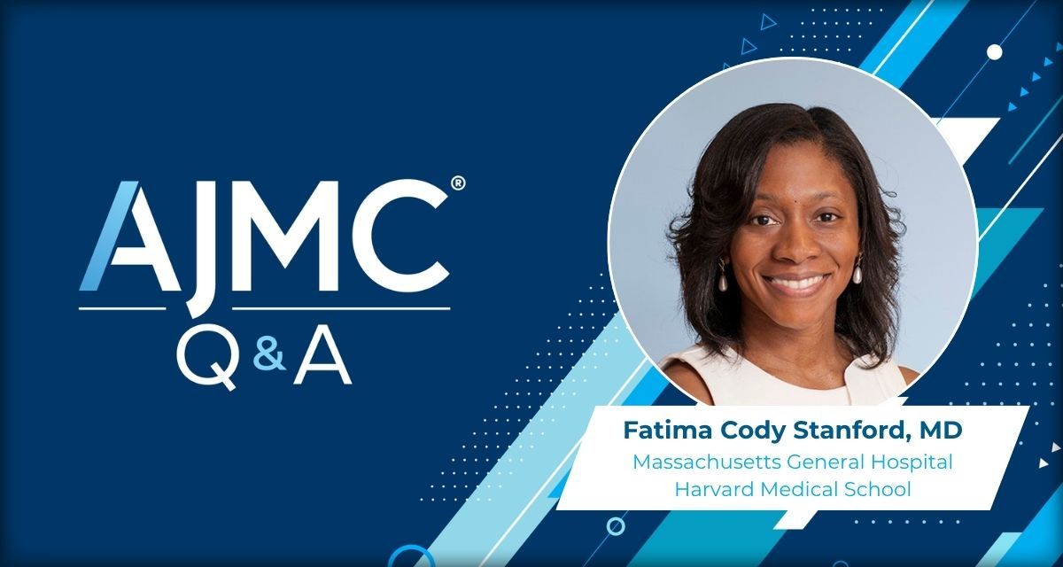 Headshot of Fatima Cody Stanford, MD, on branded AJMC Q&A background