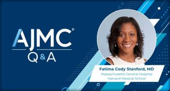 Headshot of Fatima Cody Stanford, MD, on branded AJMC Q&A background