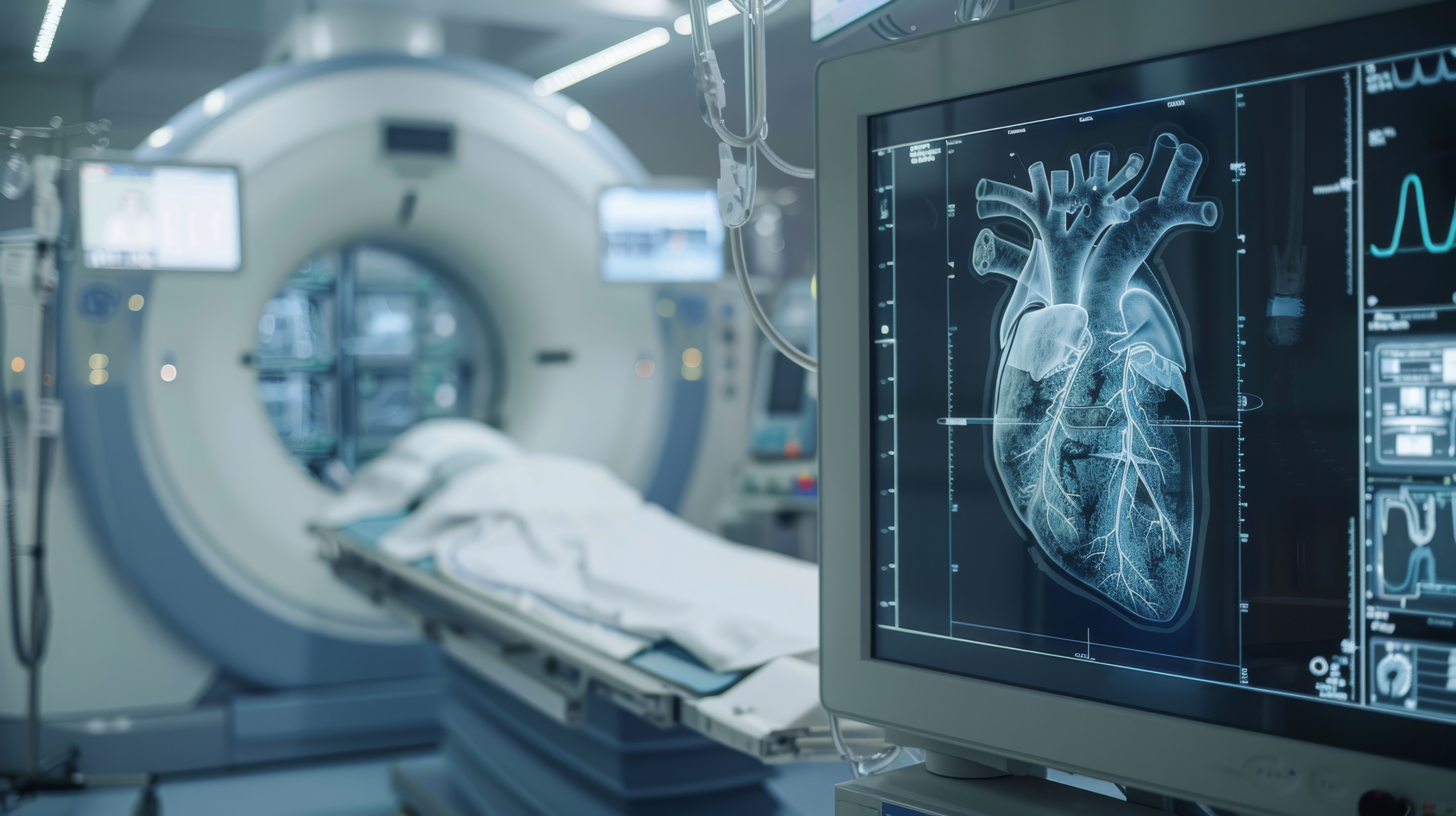 Advanced computed tomography (CT) scanner in a hospital room displaying a detailed scan of a human heart on the monitor. | Image credit: doraclub - stock.adobe.com