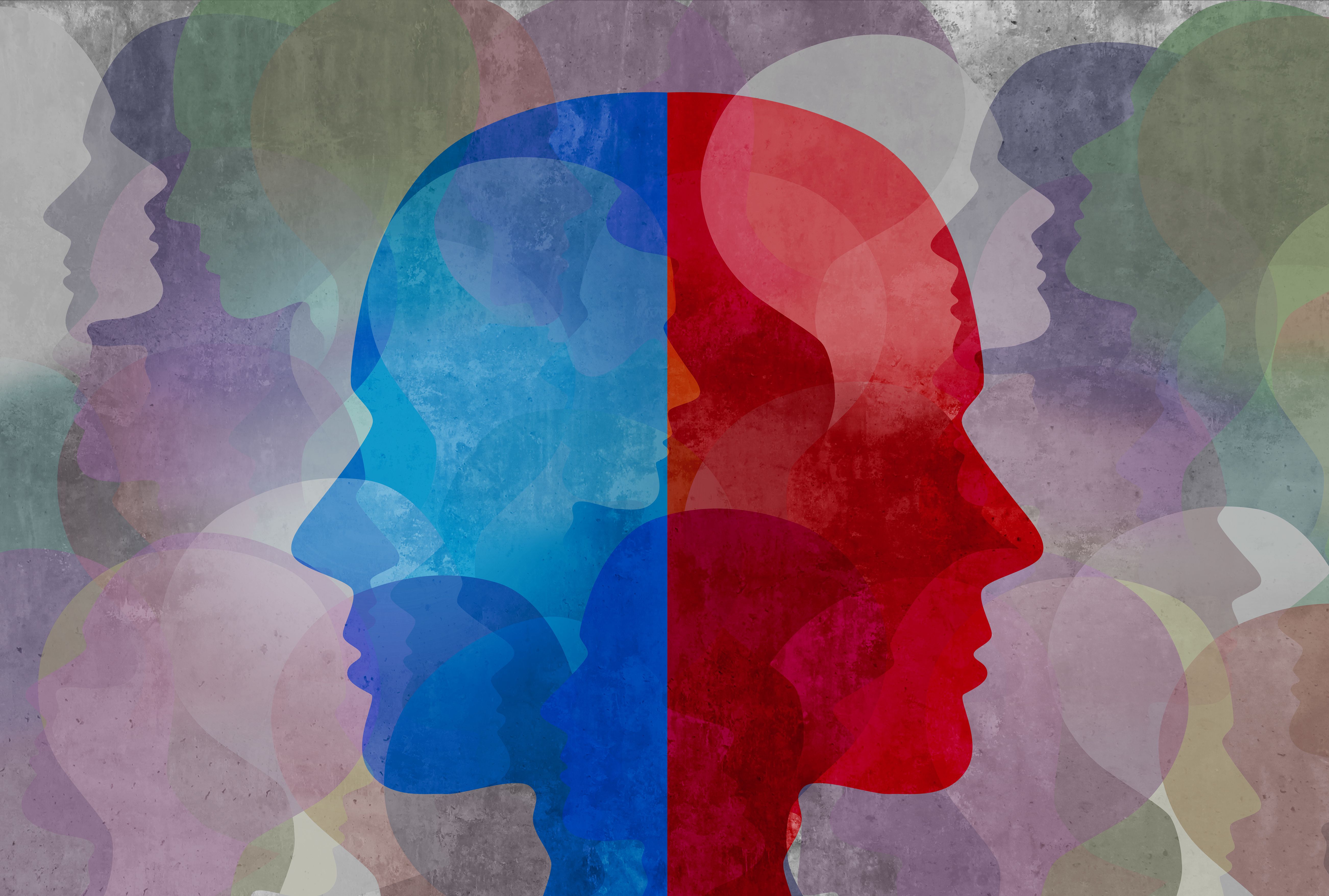 a blue silhouette of a head facing left and a red silhouette of a head facing right