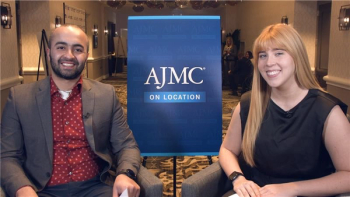 Hayden Klein interview Kirollos Hanna, PharmD, with an AJMC On Location sign between them