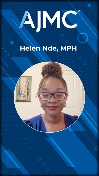 Headshot of Helen Nde on AJMC branded background