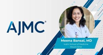 Headshot of Meena Bansal, MD on AJMC branded background