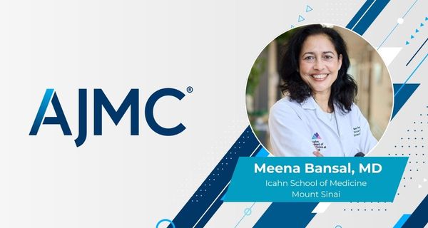 Headshot of Meena Bansal, MD on AJMC branded background